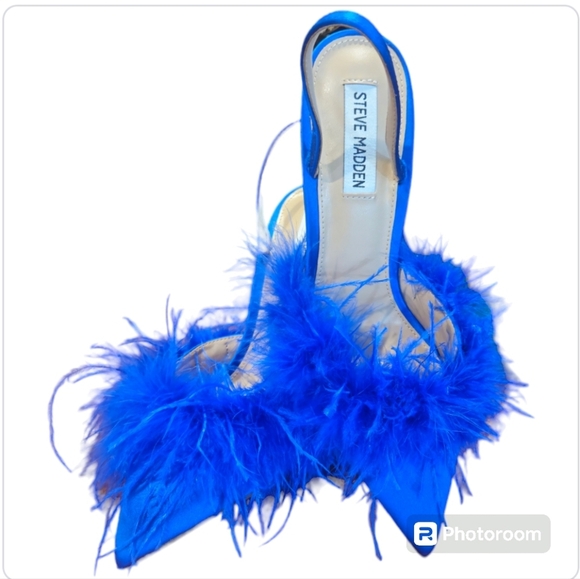 New STEVE MADDEN Woman's Shoes Back Sling SATIN FEATHERS Stiletto Heel Sz 8.5 - Picture 6 of 13